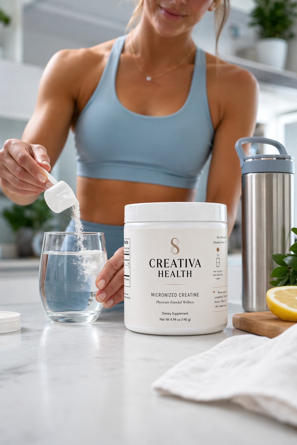Creativa Health micronized creatine scooped into a glass of water on a morning counter